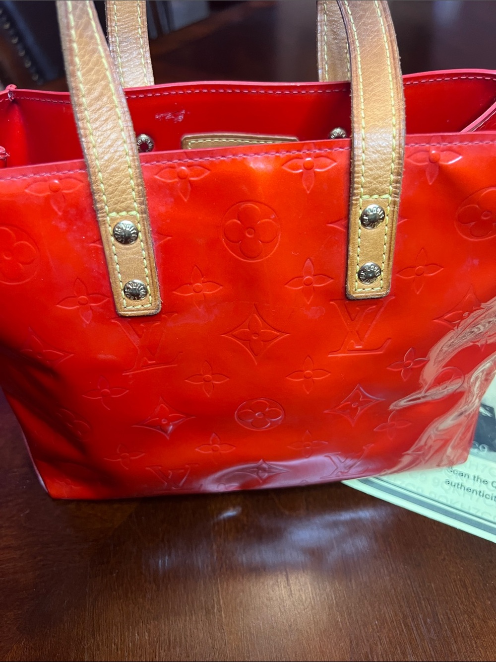 Authentic LV Red Vernis Reade Tote Bag with COA